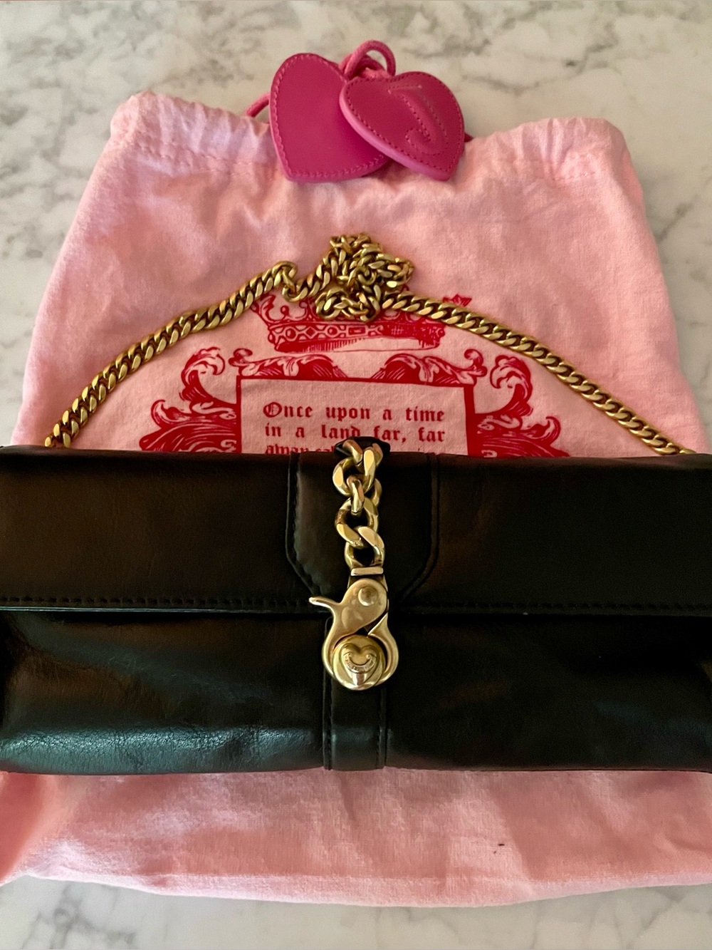 Vintage Y2K Juicy Couture Black Leather Gold Chain Flap Bag & Dust Bag